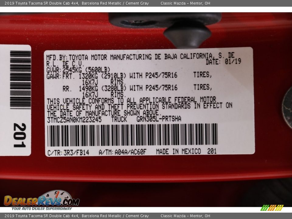 2019 Toyota Tacoma SR Double Cab 4x4 Barcelona Red Metallic / Cement Gray Photo #17