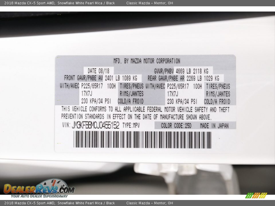 2018 Mazda CX-5 Sport AWD Snowflake White Pearl Mica / Black Photo #18