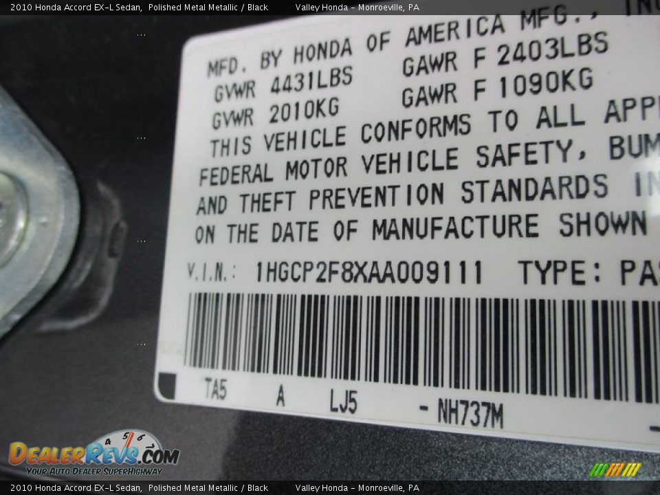 2010 Honda Accord EX-L Sedan Polished Metal Metallic / Black Photo #19