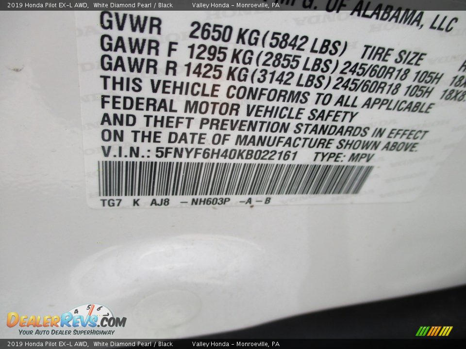 2019 Honda Pilot EX-L AWD White Diamond Pearl / Black Photo #19