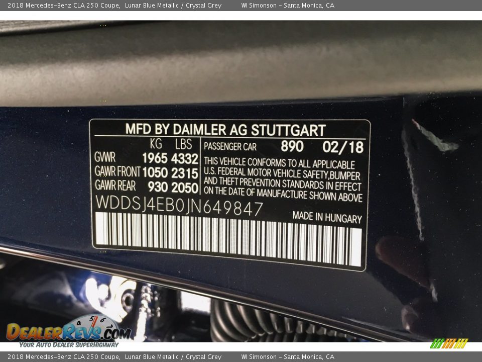 2018 Mercedes-Benz CLA 250 Coupe Lunar Blue Metallic / Crystal Grey Photo #11