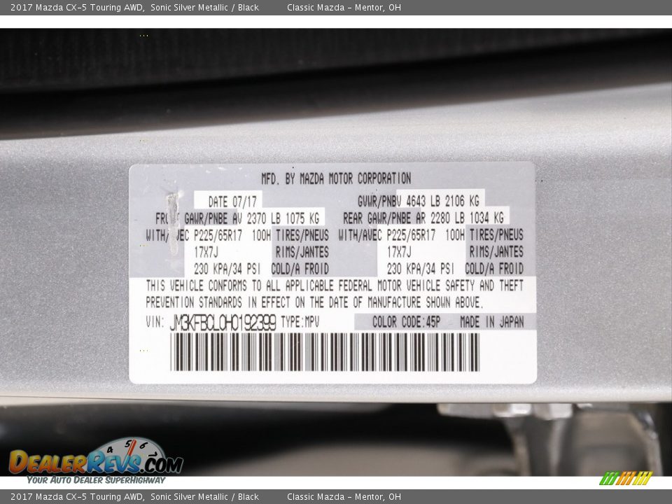 2017 Mazda CX-5 Touring AWD Sonic Silver Metallic / Black Photo #18