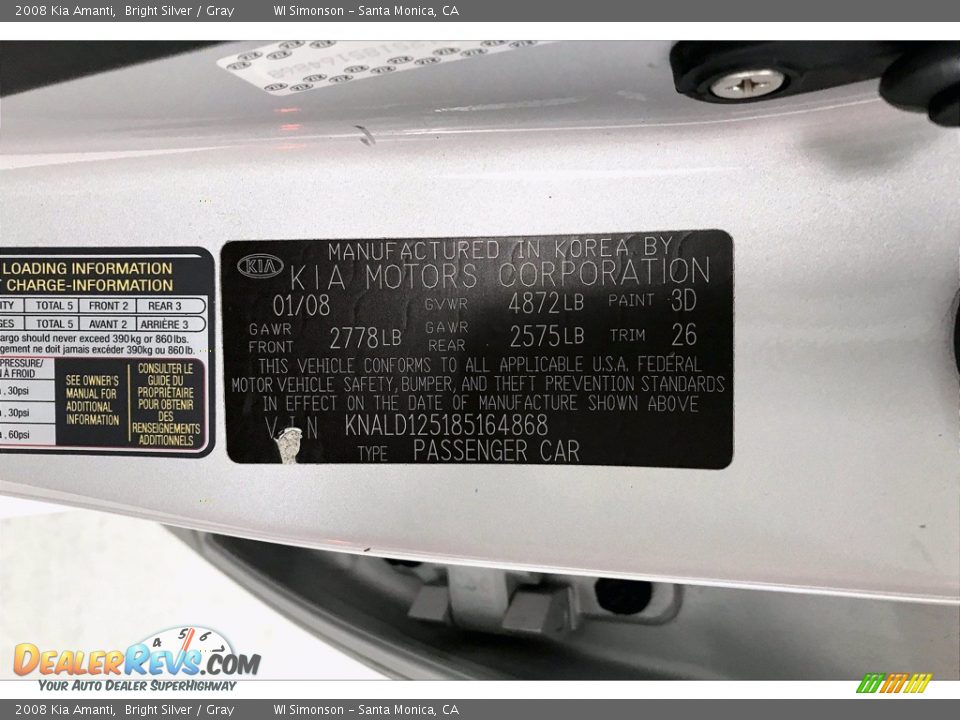 2008 Kia Amanti Bright Silver / Gray Photo #32