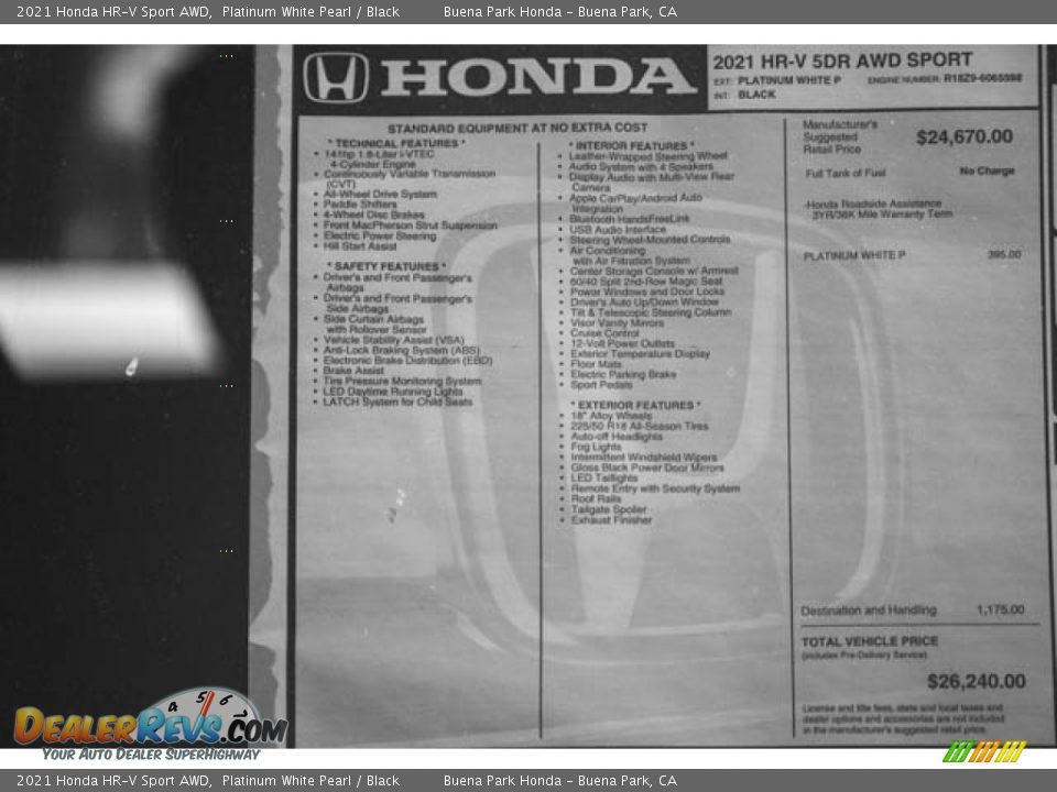 2021 Honda HR-V Sport AWD Platinum White Pearl / Black Photo #34