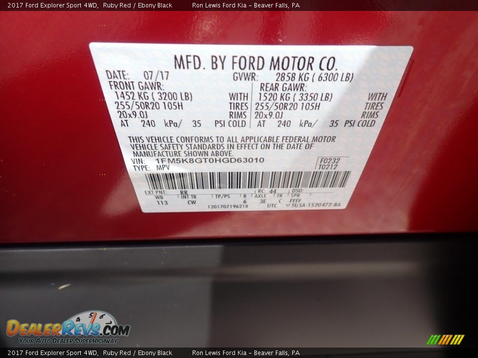 2017 Ford Explorer Sport 4WD Ruby Red / Ebony Black Photo #16