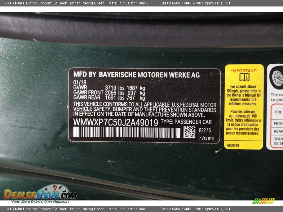 2018 Mini Hardtop Cooper S 2 Door British Racing Green II Metallic / Carbon Black Photo #20