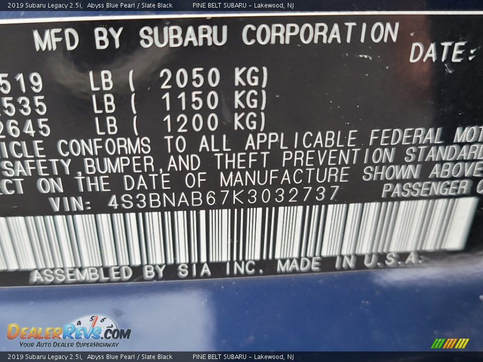 2019 Subaru Legacy 2.5i Abyss Blue Pearl / Slate Black Photo #33