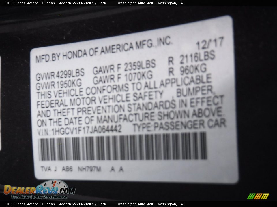 2018 Honda Accord LX Sedan Modern Steel Metallic / Black Photo #27