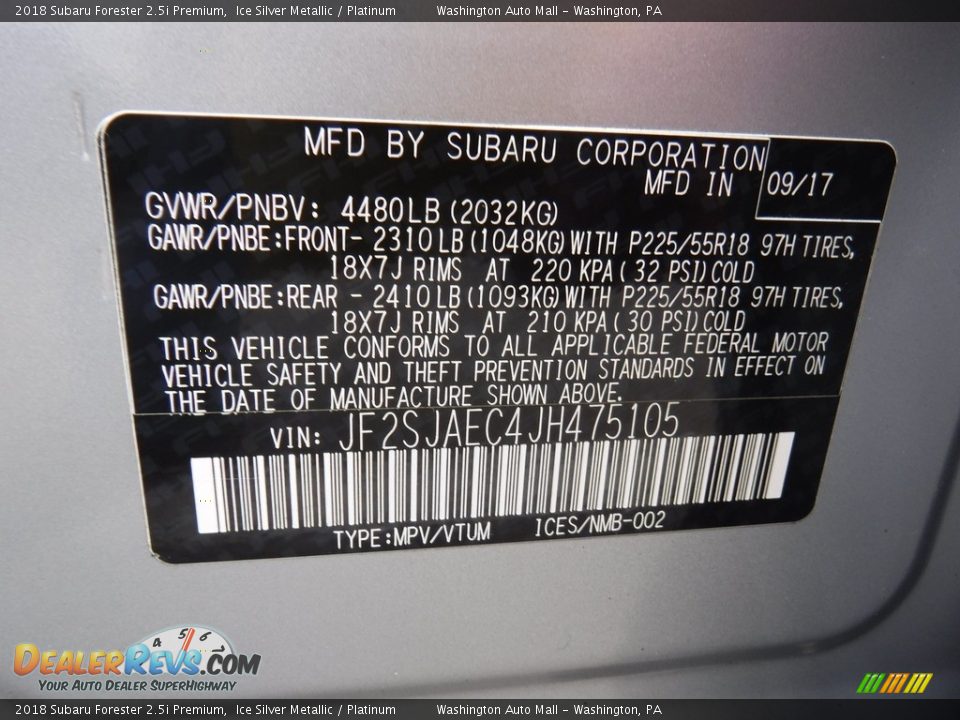 2018 Subaru Forester 2.5i Premium Ice Silver Metallic / Platinum Photo #32