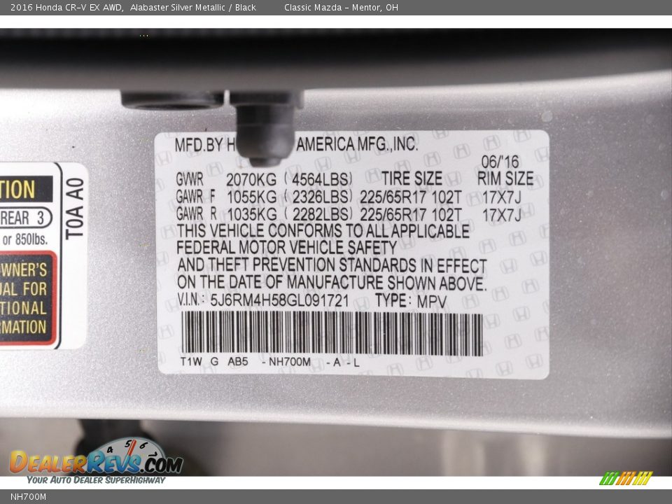 Honda Color Code NH700M Alabaster Silver Metallic