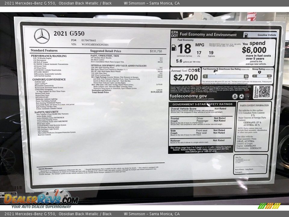2021 Mercedes-Benz G 550 Window Sticker Photo #11