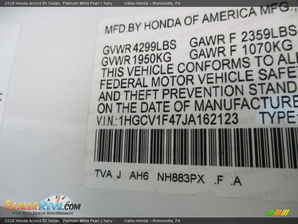 2018 Honda Accord EX Sedan Platinum White Pearl / Ivory Photo #19