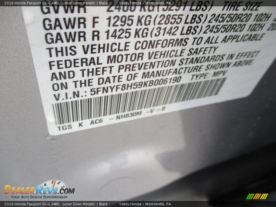 2019 Honda Passport EX-L AWD Lunar Silver Metallic / Black Photo #19