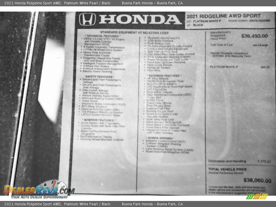 2021 Honda Ridgeline Sport AWD Platinum White Pearl / Black Photo #34