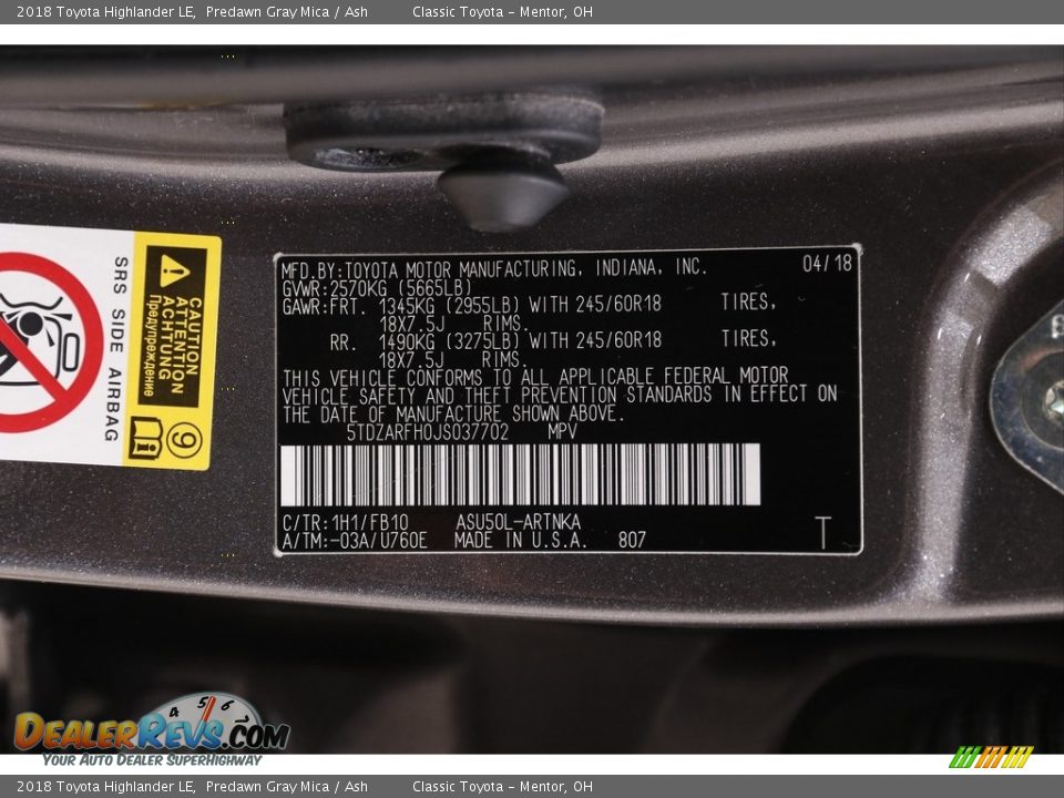 2018 Toyota Highlander LE Predawn Gray Mica / Ash Photo #20