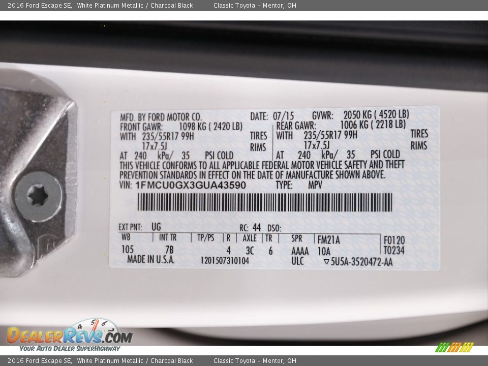 2016 Ford Escape SE White Platinum Metallic / Charcoal Black Photo #19