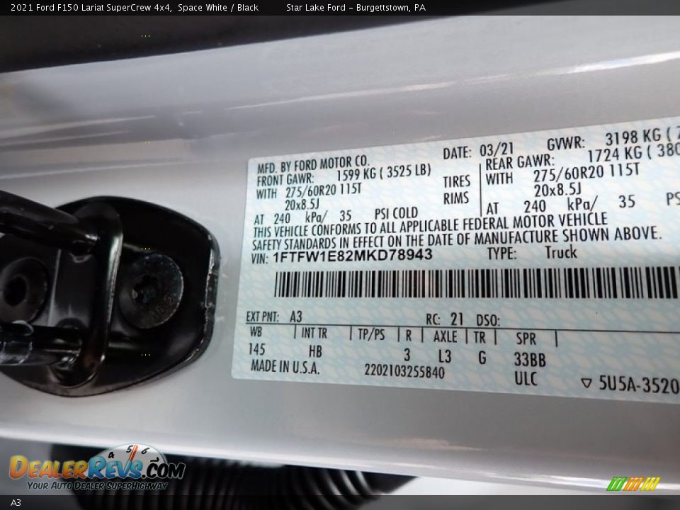Ford Color Code A3 Space White