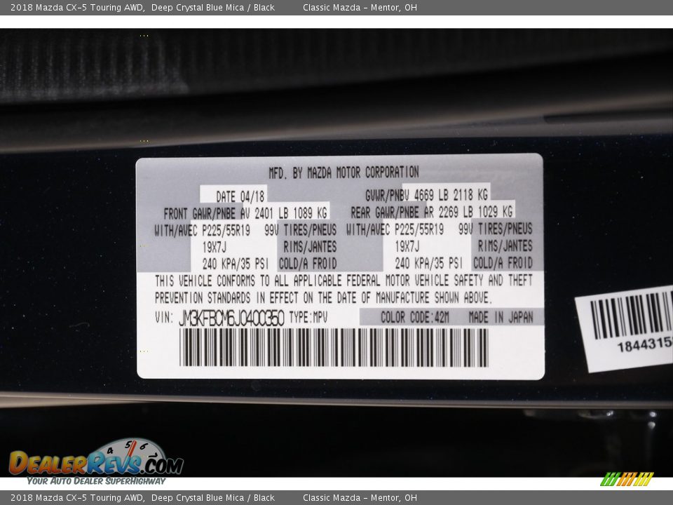 2018 Mazda CX-5 Touring AWD Deep Crystal Blue Mica / Black Photo #19
