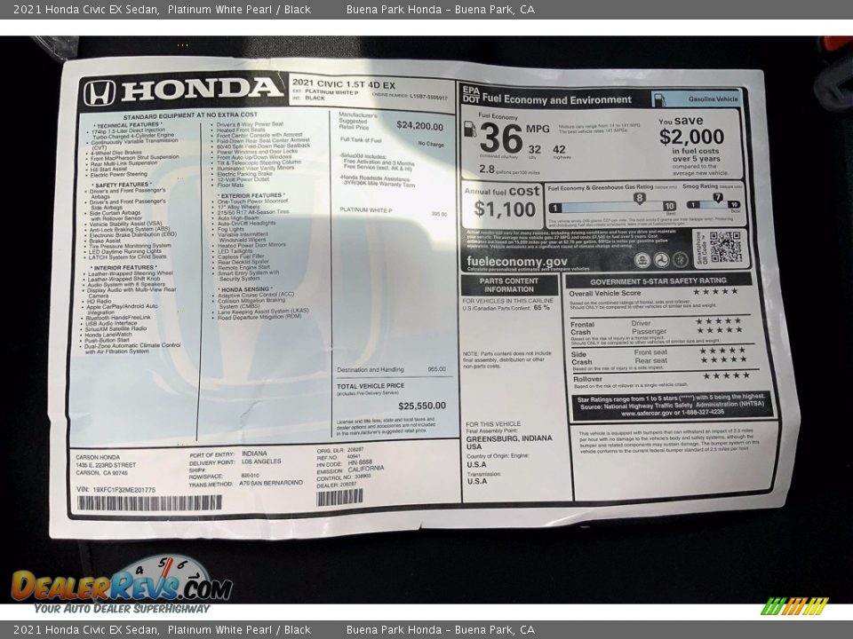 2021 Honda Civic EX Sedan Platinum White Pearl / Black Photo #14