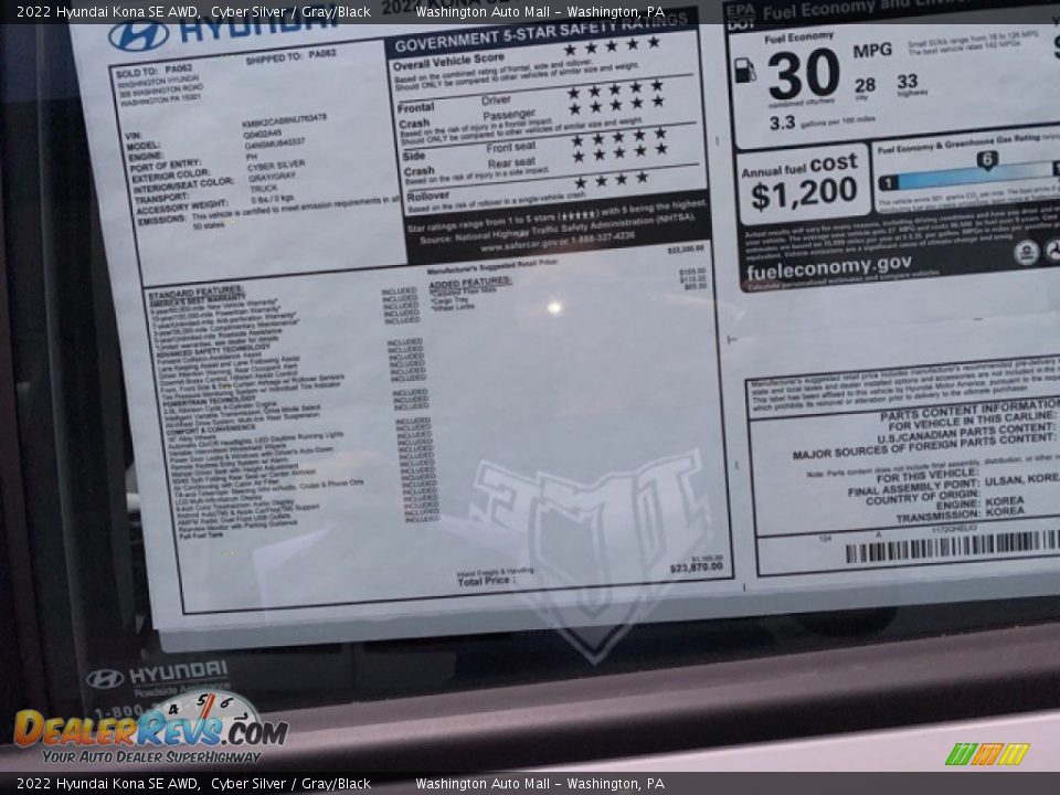 2022 Hyundai Kona SE AWD Window Sticker Photo #5