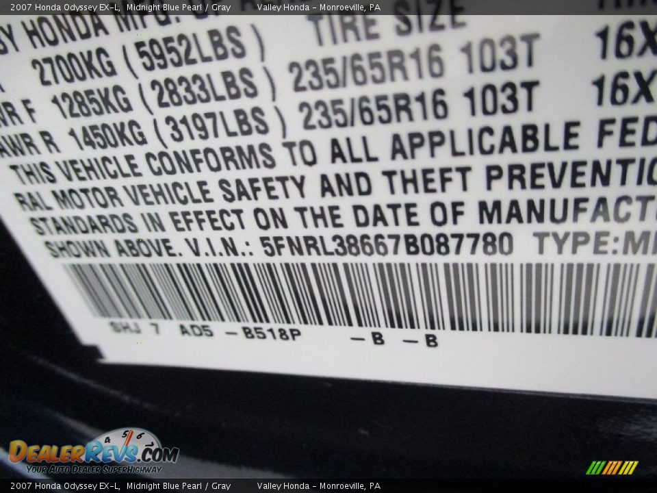 2007 Honda Odyssey EX-L Midnight Blue Pearl / Gray Photo #19