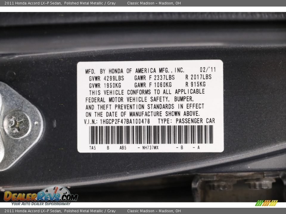 2011 Honda Accord LX-P Sedan Polished Metal Metallic / Gray Photo #17