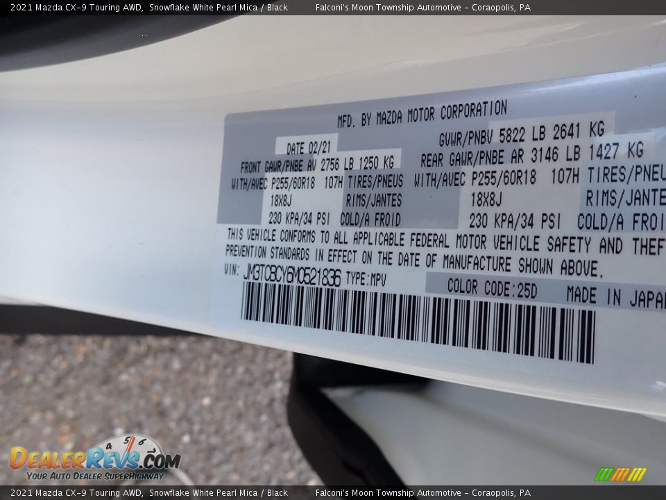 2021 Mazda CX-9 Touring AWD Snowflake White Pearl Mica / Black Photo #10