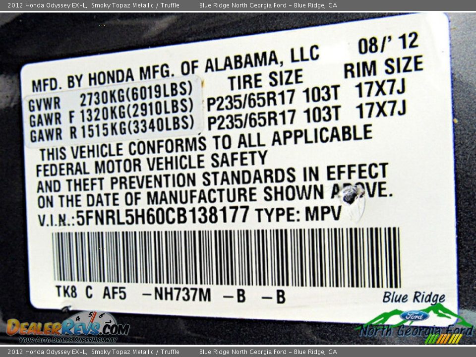 2012 Honda Odyssey EX-L Smoky Topaz Metallic / Truffle Photo #25