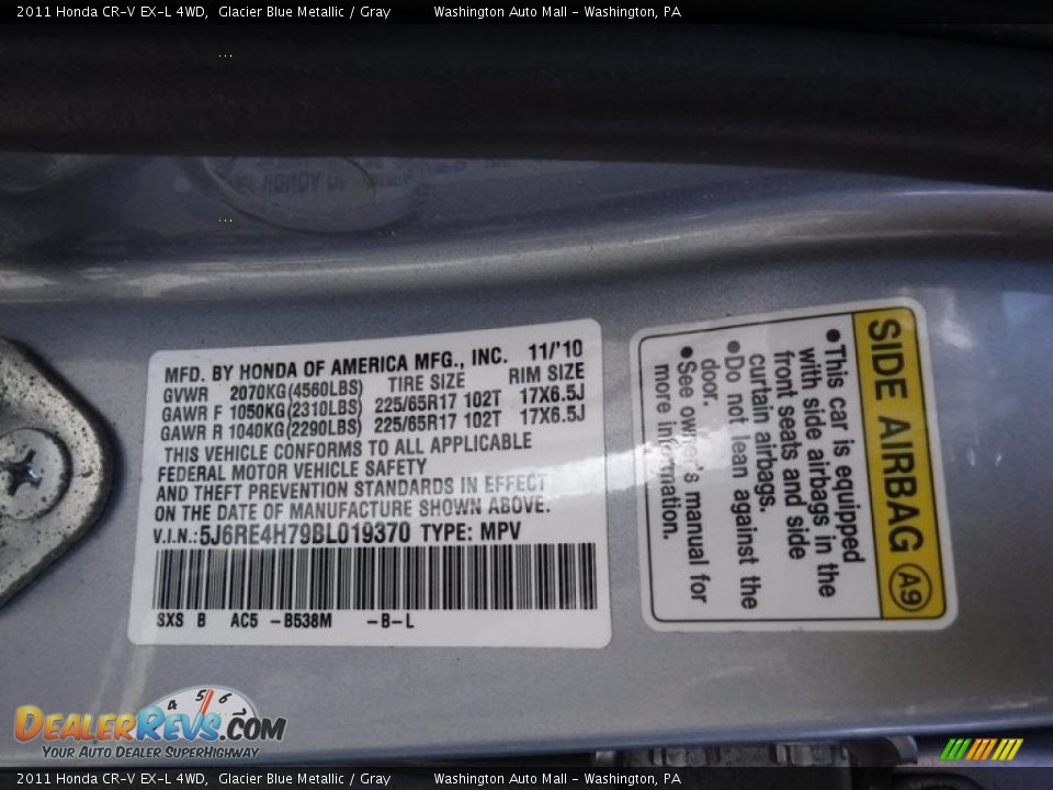 2011 Honda CR-V EX-L 4WD Glacier Blue Metallic / Gray Photo #27