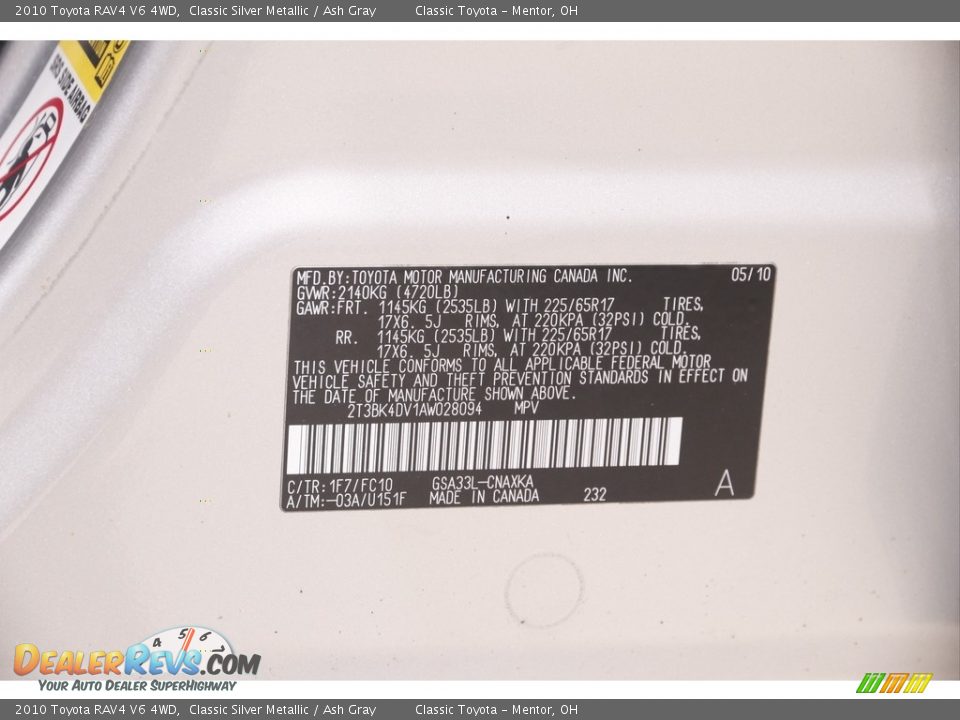 2010 Toyota RAV4 V6 4WD Classic Silver Metallic / Ash Gray Photo #15