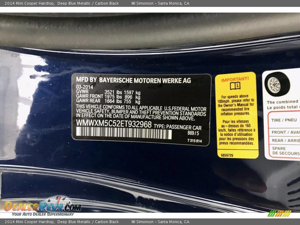 2014 Mini Cooper Hardtop Deep Blue Metallic / Carbon Black Photo #32