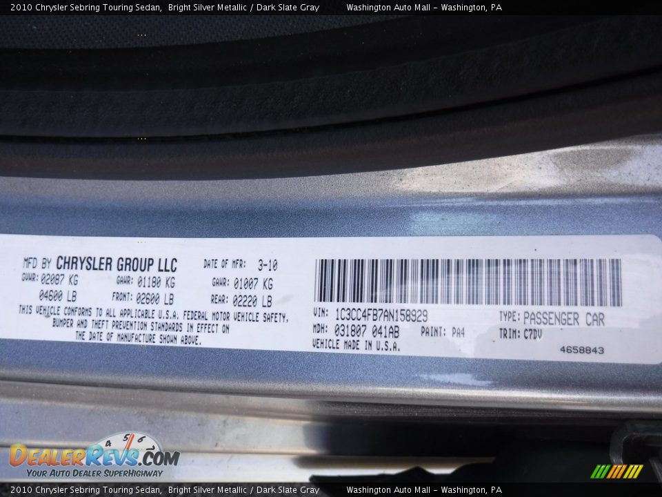 2010 Chrysler Sebring Touring Sedan Bright Silver Metallic / Dark Slate Gray Photo #24