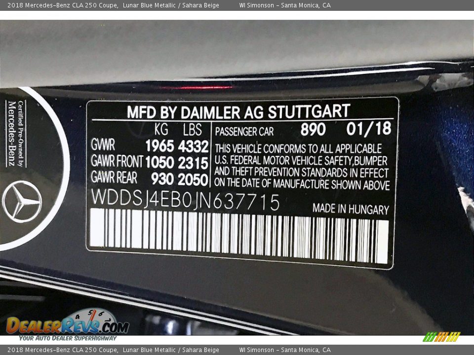 2018 Mercedes-Benz CLA 250 Coupe Lunar Blue Metallic / Sahara Beige Photo #33