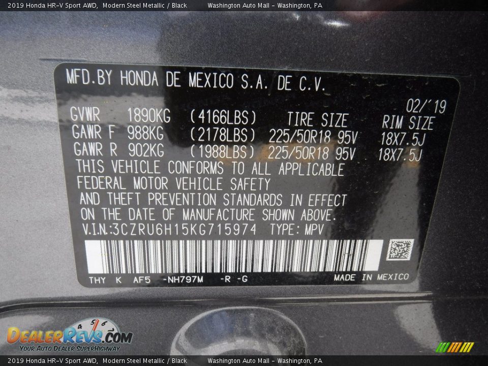 2019 Honda HR-V Sport AWD Modern Steel Metallic / Black Photo #27