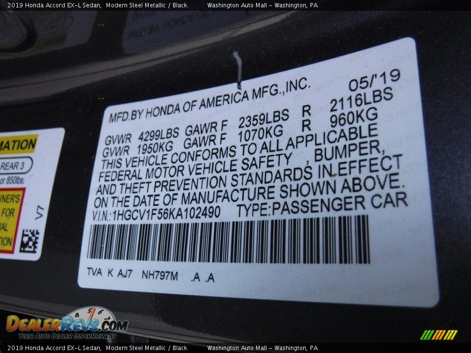 2019 Honda Accord EX-L Sedan Modern Steel Metallic / Black Photo #29