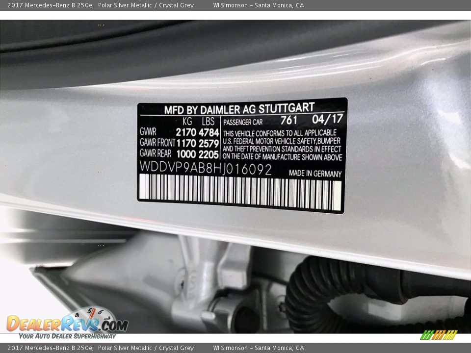 2017 Mercedes-Benz B 250e Polar Silver Metallic / Crystal Grey Photo #33