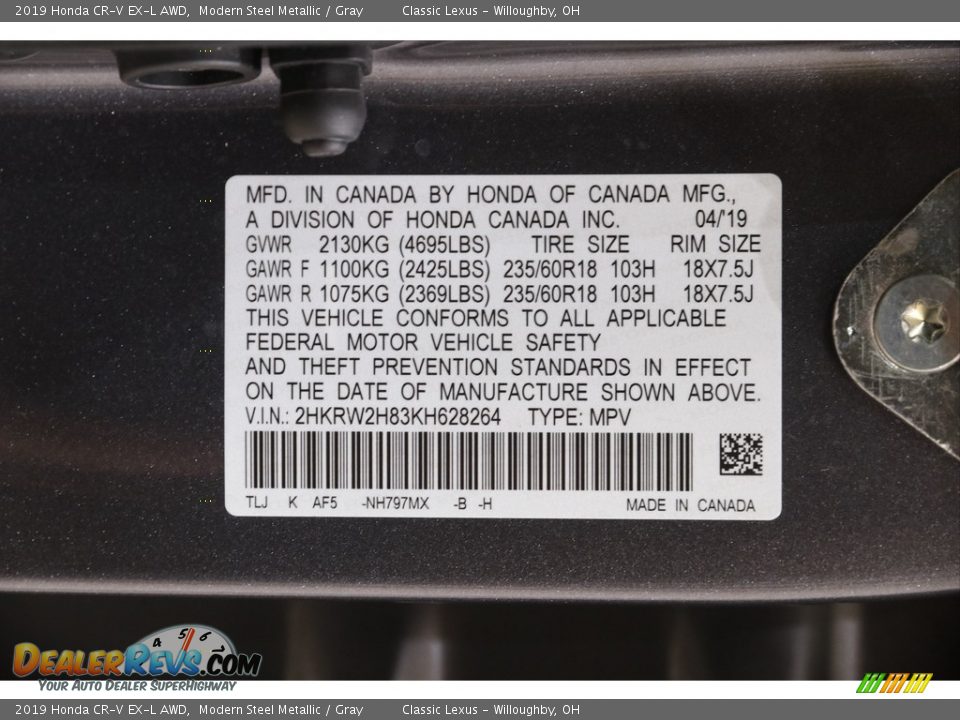 2019 Honda CR-V EX-L AWD Modern Steel Metallic / Gray Photo #21