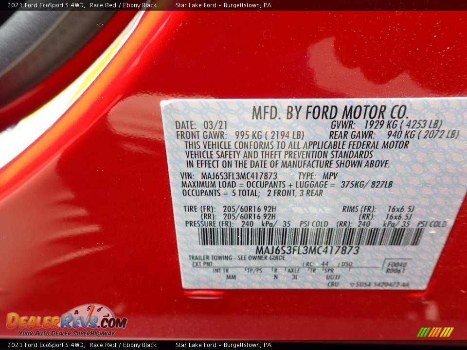 2021 Ford EcoSport S 4WD Race Red / Ebony Black Photo #14