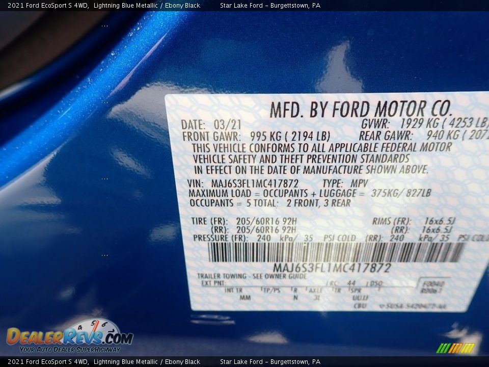 2021 Ford EcoSport S 4WD Lightning Blue Metallic / Ebony Black Photo #14
