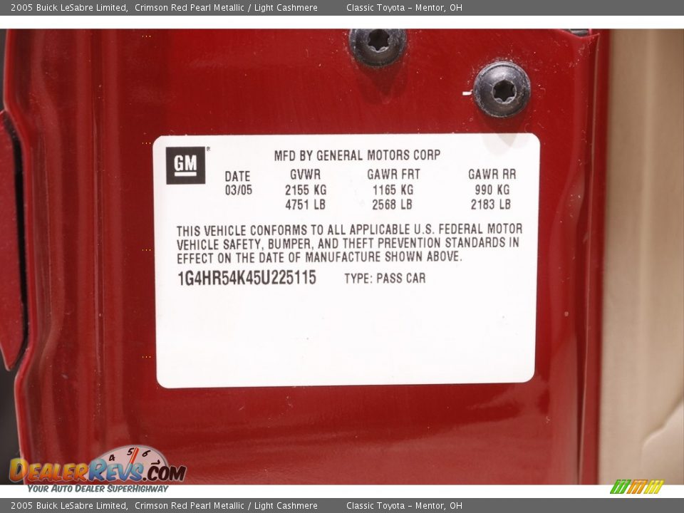 2005 Buick LeSabre Limited Crimson Red Pearl Metallic / Light Cashmere Photo #19