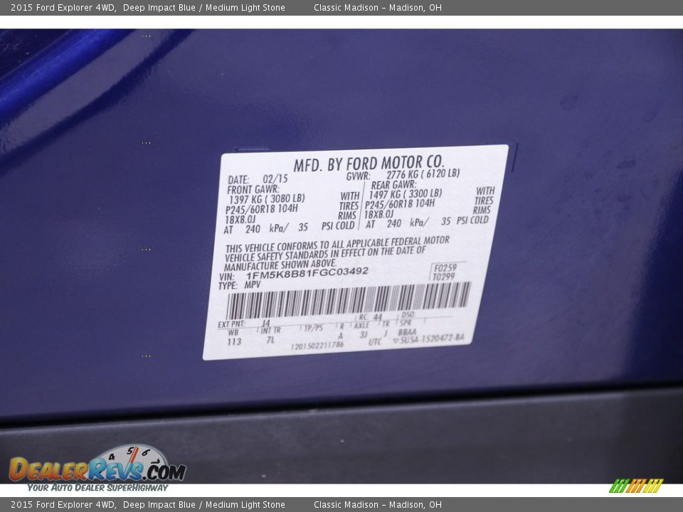 2015 Ford Explorer 4WD Deep Impact Blue / Medium Light Stone Photo #19