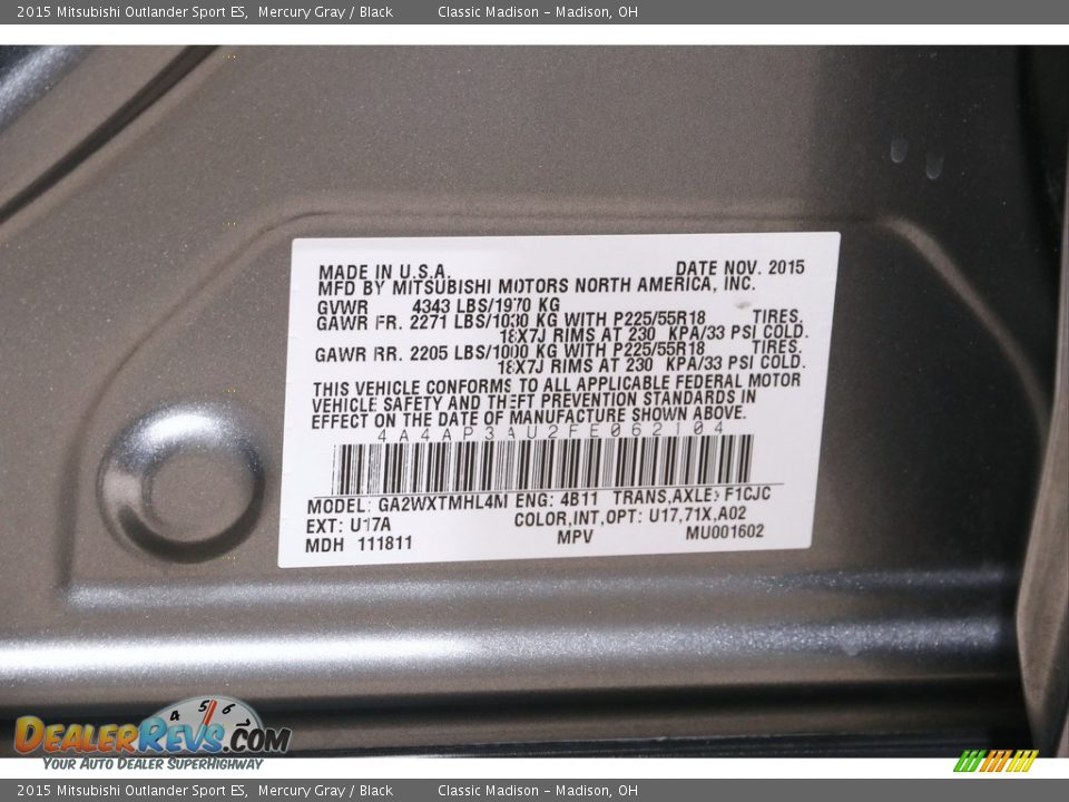 2015 Mitsubishi Outlander Sport ES Mercury Gray / Black Photo #17