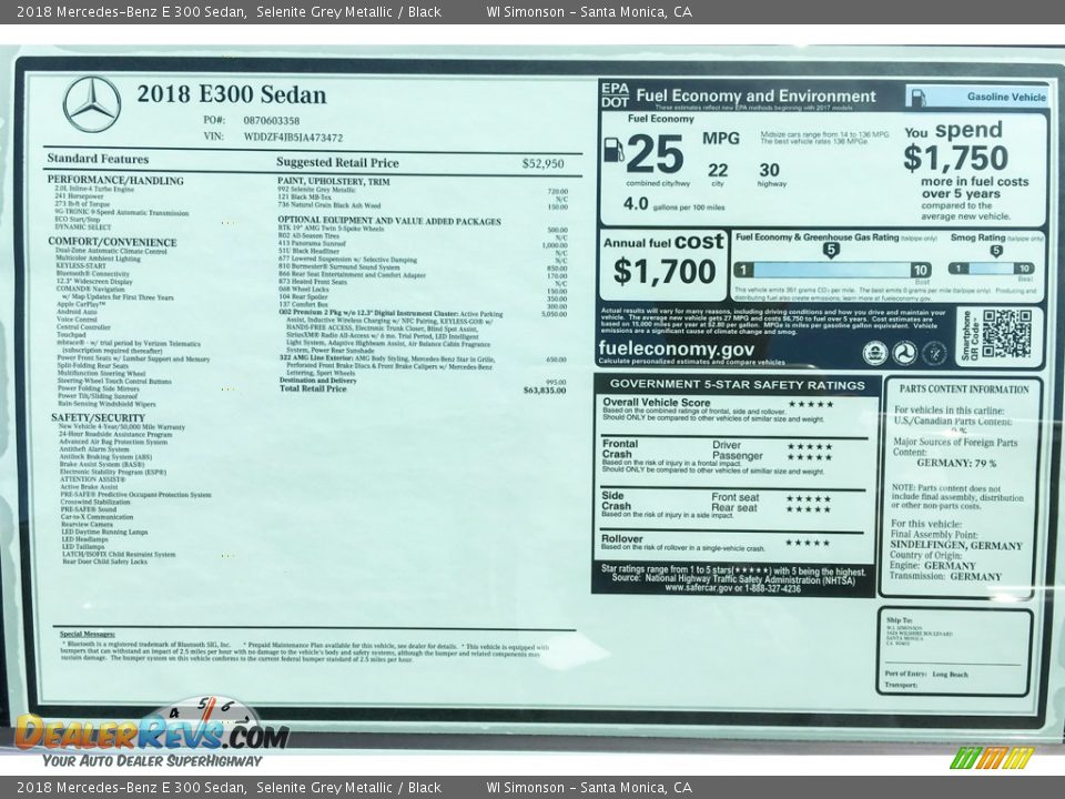 2018 Mercedes-Benz E 300 Sedan Selenite Grey Metallic / Black Photo #10