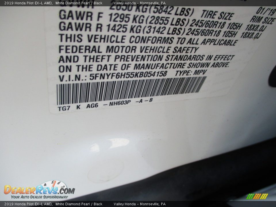 2019 Honda Pilot EX-L AWD White Diamond Pearl / Black Photo #19
