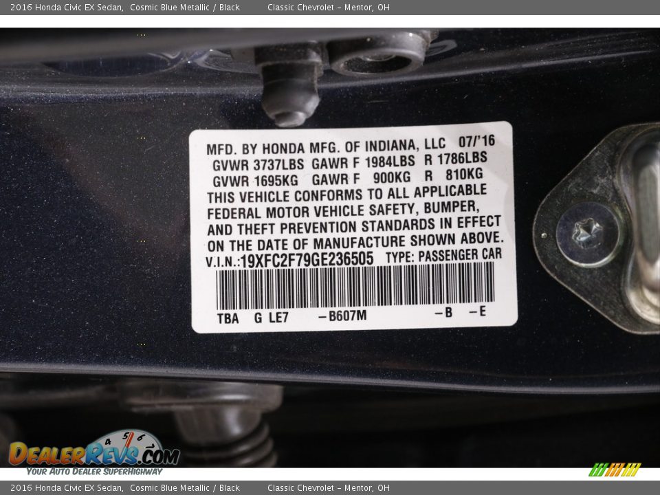 2016 Honda Civic EX Sedan Cosmic Blue Metallic / Black Photo #19