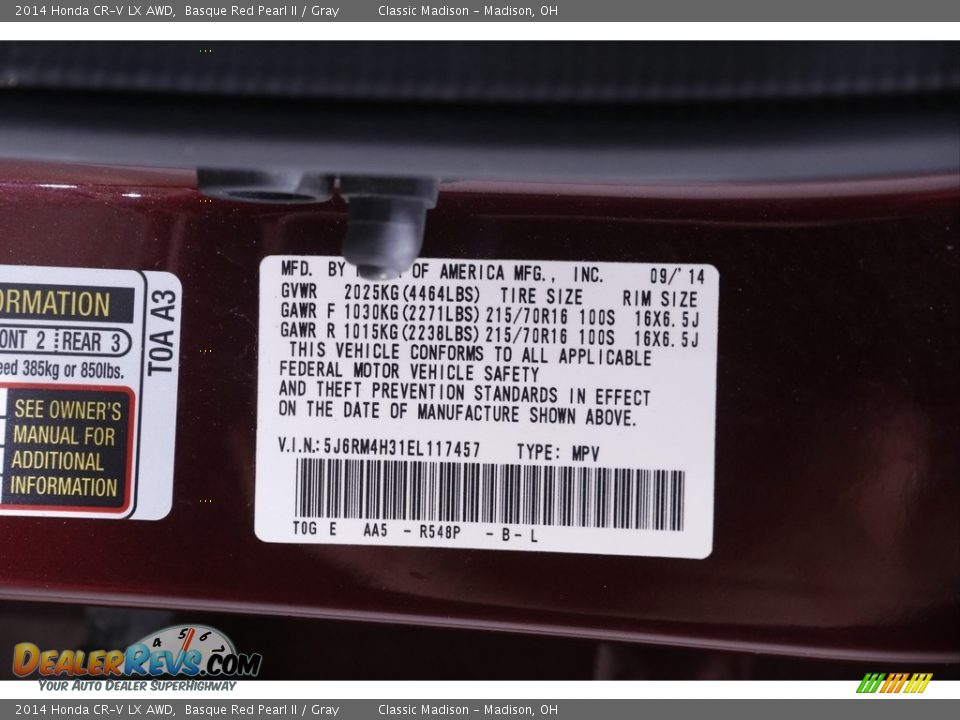 2014 Honda CR-V LX AWD Basque Red Pearl II / Gray Photo #21