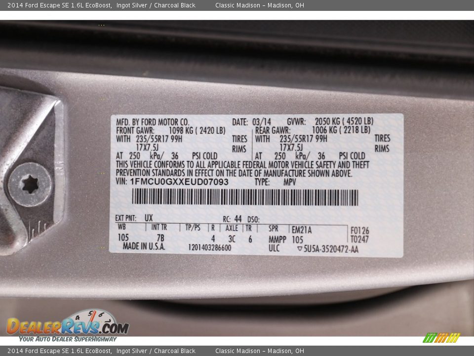 2014 Ford Escape SE 1.6L EcoBoost Ingot Silver / Charcoal Black Photo #18