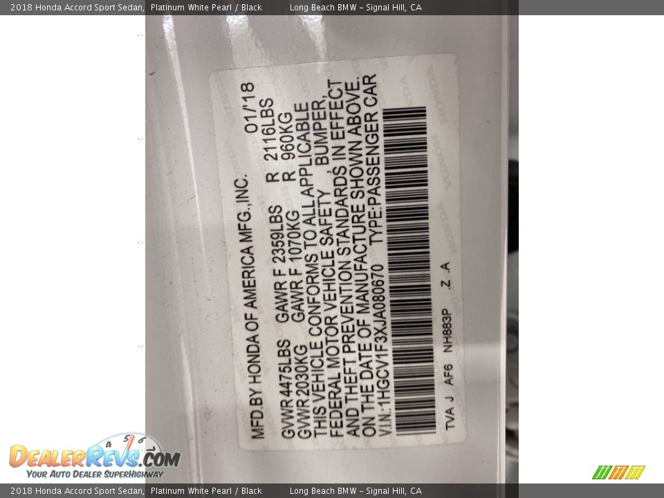 2018 Honda Accord Sport Sedan Platinum White Pearl / Black Photo #35