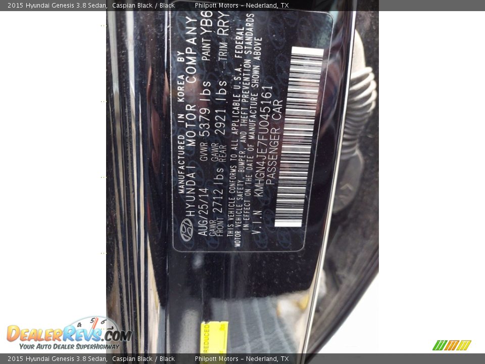 2015 Hyundai Genesis 3.8 Sedan Caspian Black / Black Photo #30