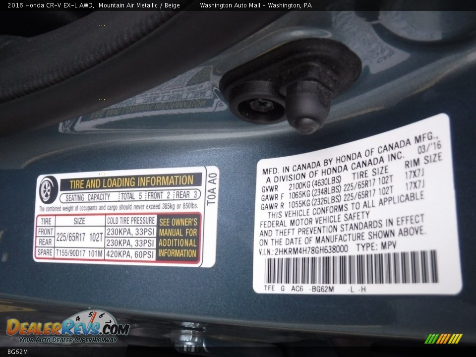 Honda Color Code BG62M Mountain Air Metallic